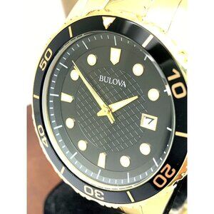 Bulova Men's Watch 98B375 Quartz Black Dial Date Gold Stainless Steel 43…